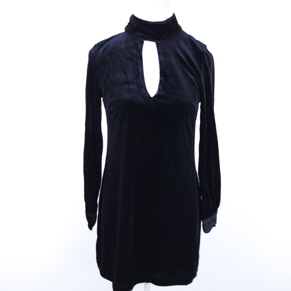 Olivaceous Black Velvet Mini Dress Small Long Sleeve, Cut Out Back, High Neck - Picture 1 of 7